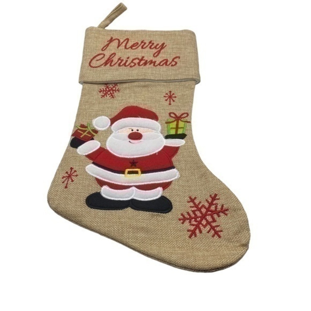 NWOT Merry Christmas Santa Gifts Embroidered Burlap Lined Stocking